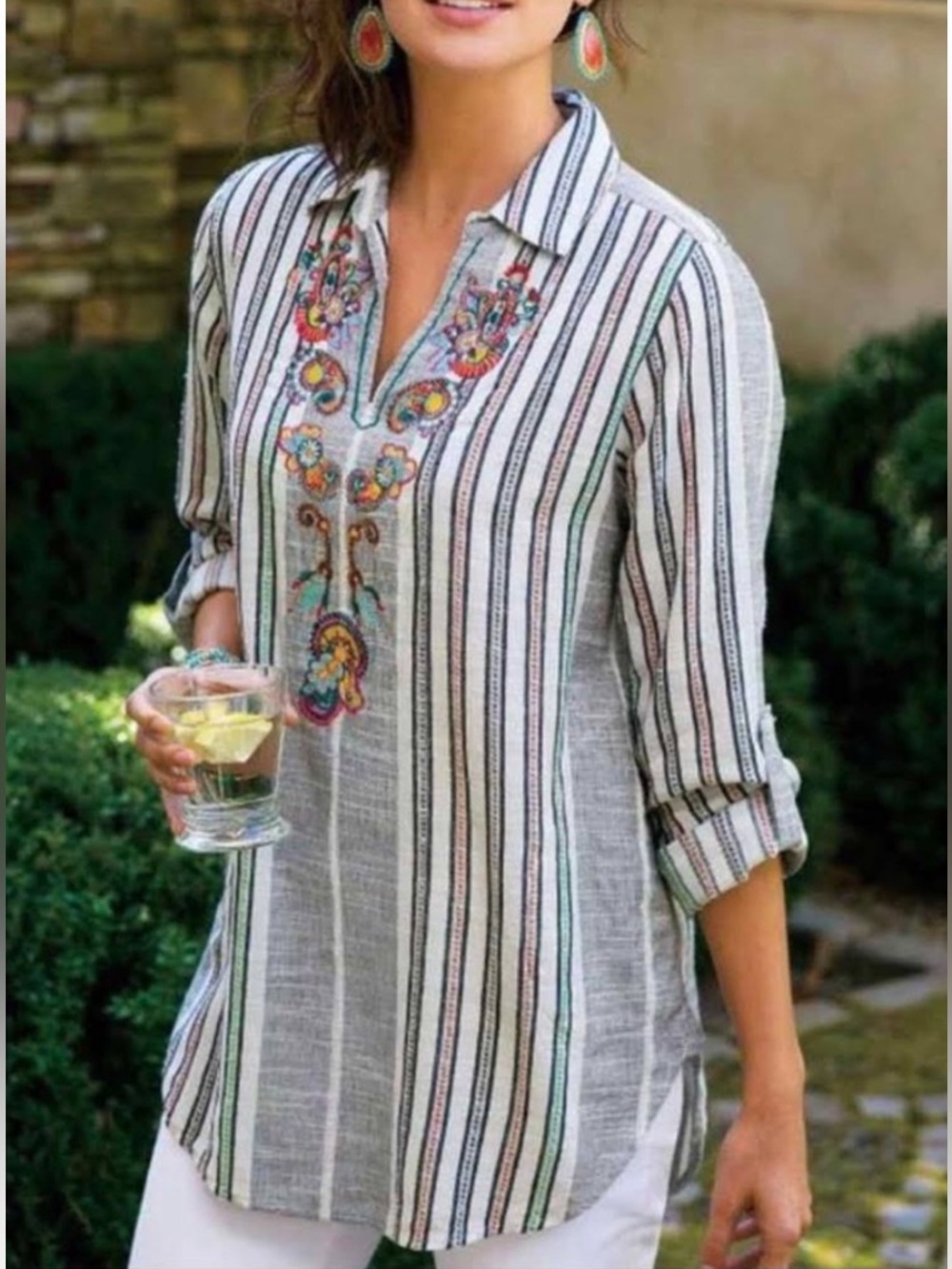 Soft Surroundings Brookhaven Embroidered Striped Tunic Top Roll Tab sleeve Large